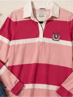 Tommy Hilfiger Pink Striped Rugby Polo Shirt Crest Women’s Small